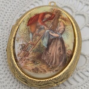 Vintage Gold Tone Locket Pendant Fragonard Style Oval Courting Couple Pastoral